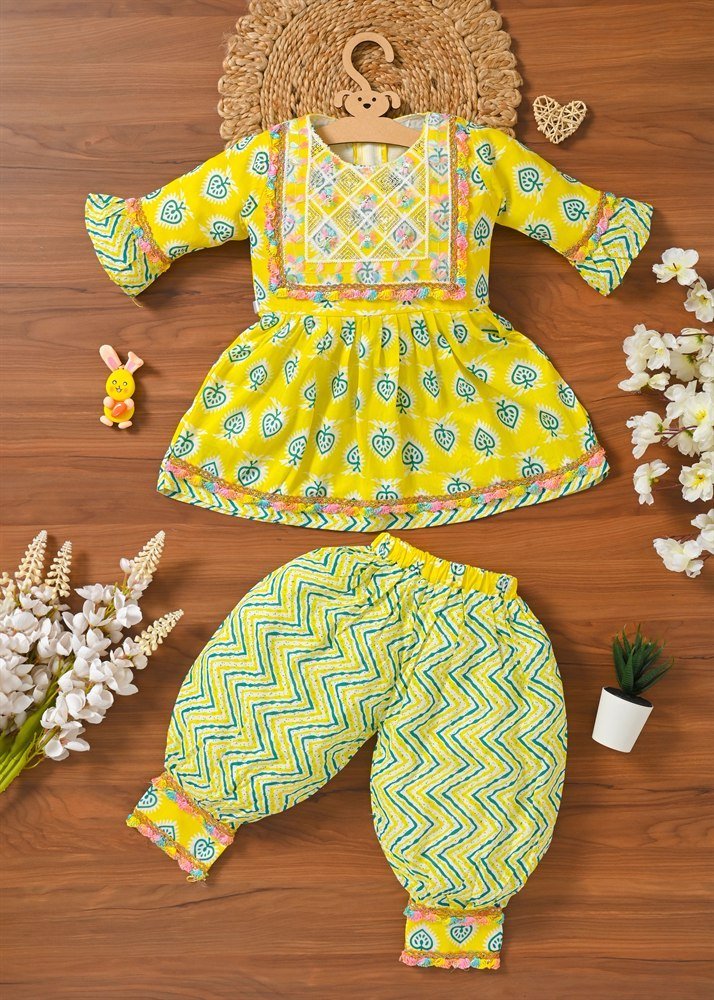 Kids Girl Frock & Patiala Pyjama Set (Yellow)