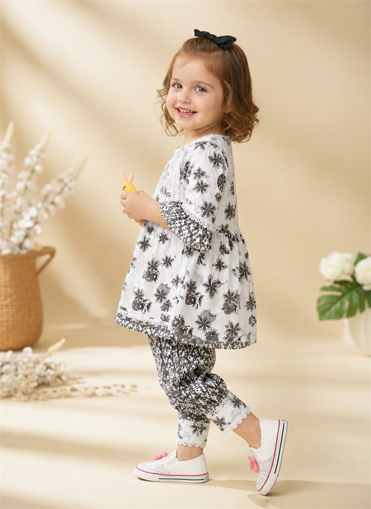 Kids Girl Frock & Patiala Pyjama Set (Black)