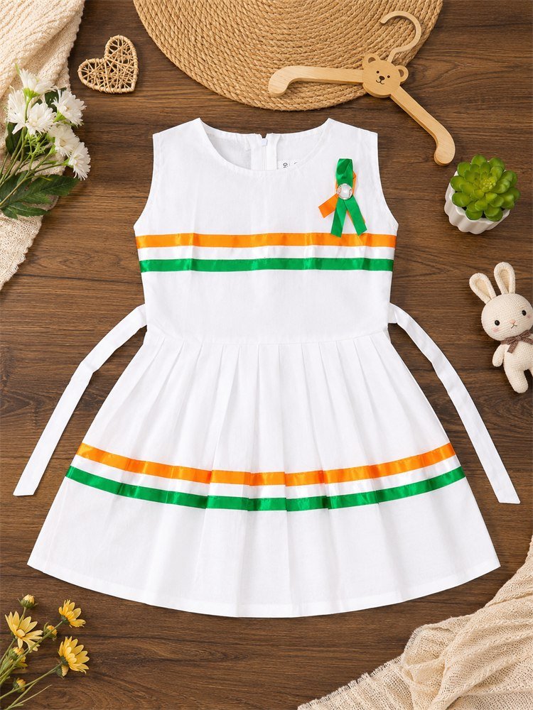 Kids Girl Cotton Frock (White - 15 Aug Flag Theme)