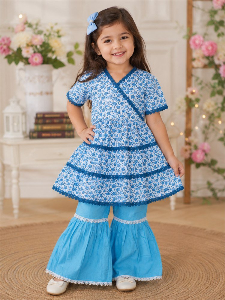 Kids Girl Cotton Dress & Sharara Set (Blue)